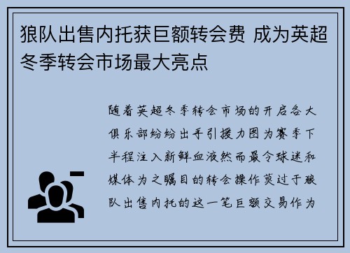 狼队出售内托获巨额转会费 成为英超冬季转会市场最大亮点 狼队出售内托获巨额转会费 成为英超冬季转会市场最大亮点