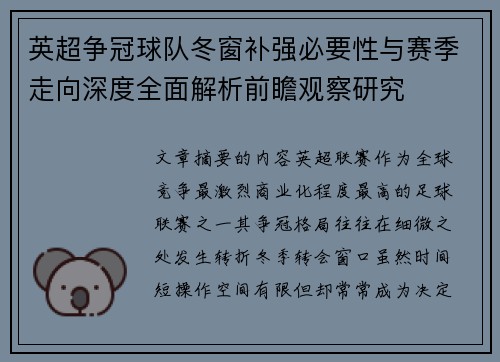 英超争冠球队冬窗补强必要性与赛季走向深度全面解析前瞻观察研究